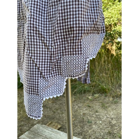Vintage Half Apron Brown Gingham Checked Smocked Apron Farmhouse - Picture 4 of 10